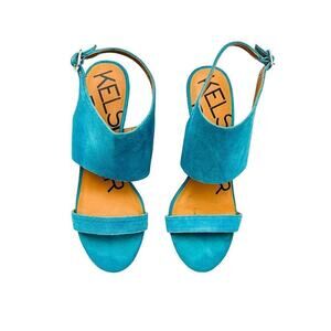 Kelsi Dagger Ellice Open Toe Platform Sandal Suede Teal Blue Size 7